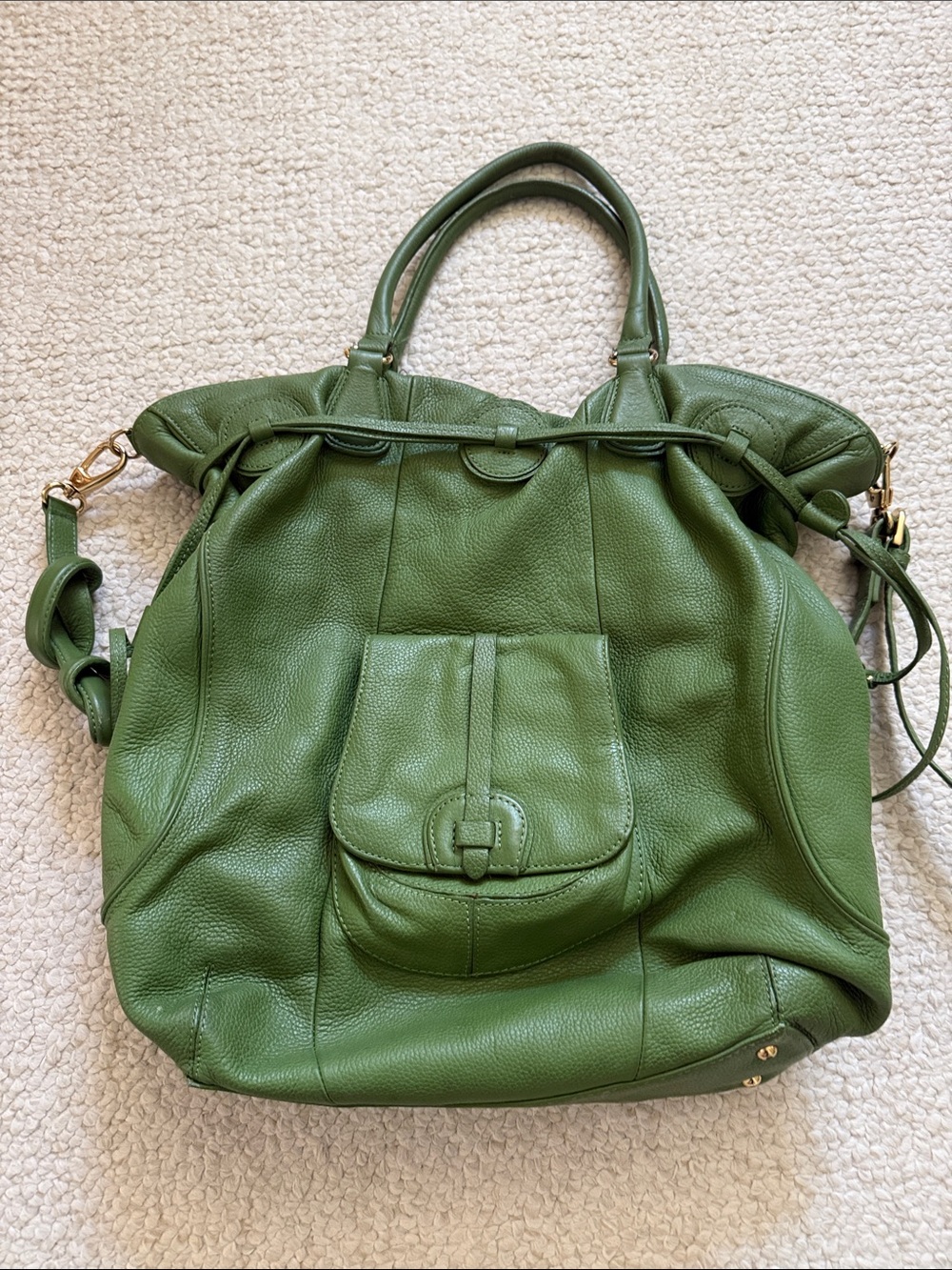 Issac Mizrahi Large Green Pebbled Leather Tote Bag with Front Pocket